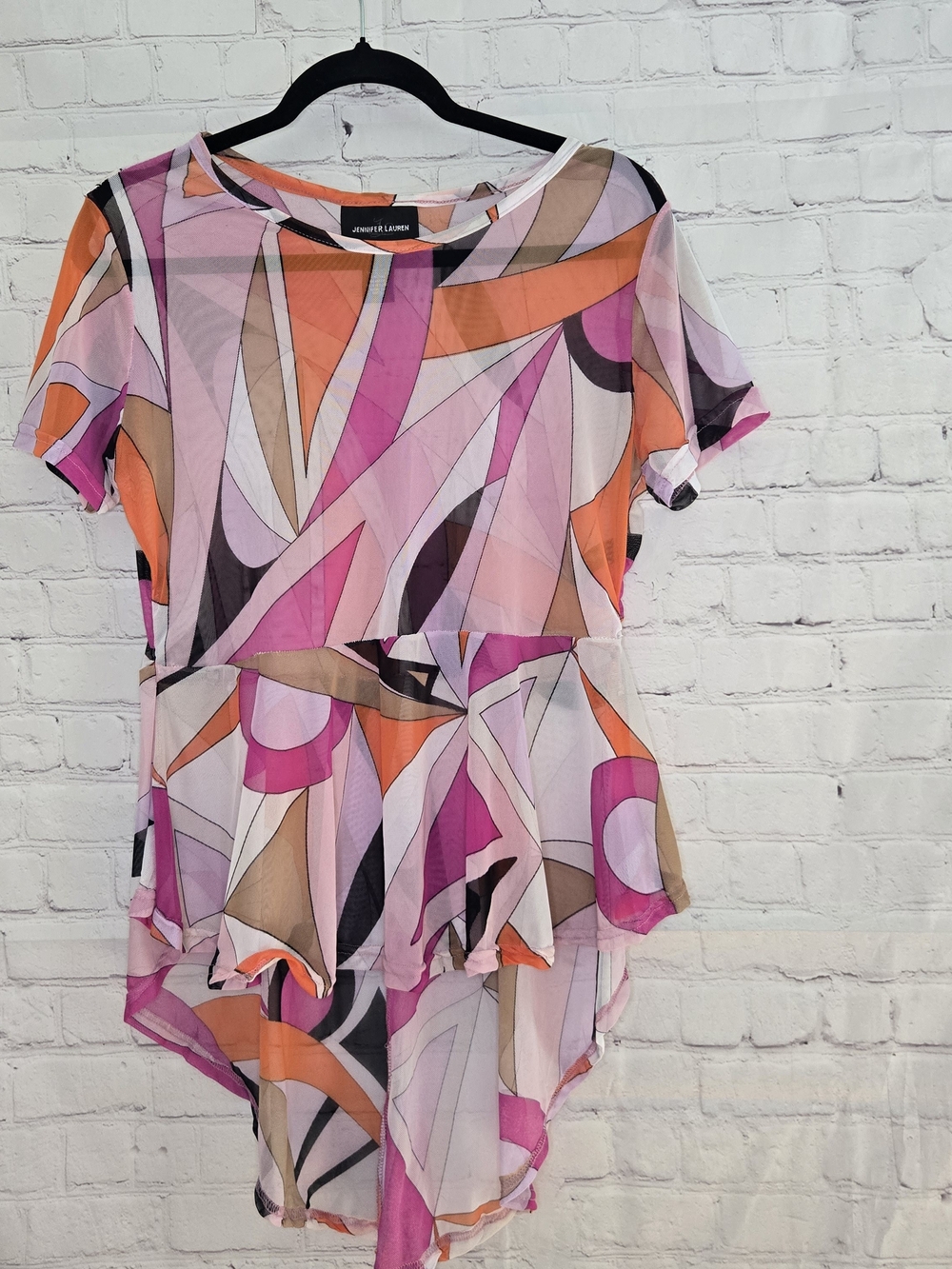 Y2k Jennifer‎ Lauren geometric retro  Print Micro Mesh Top Sz L Fairy